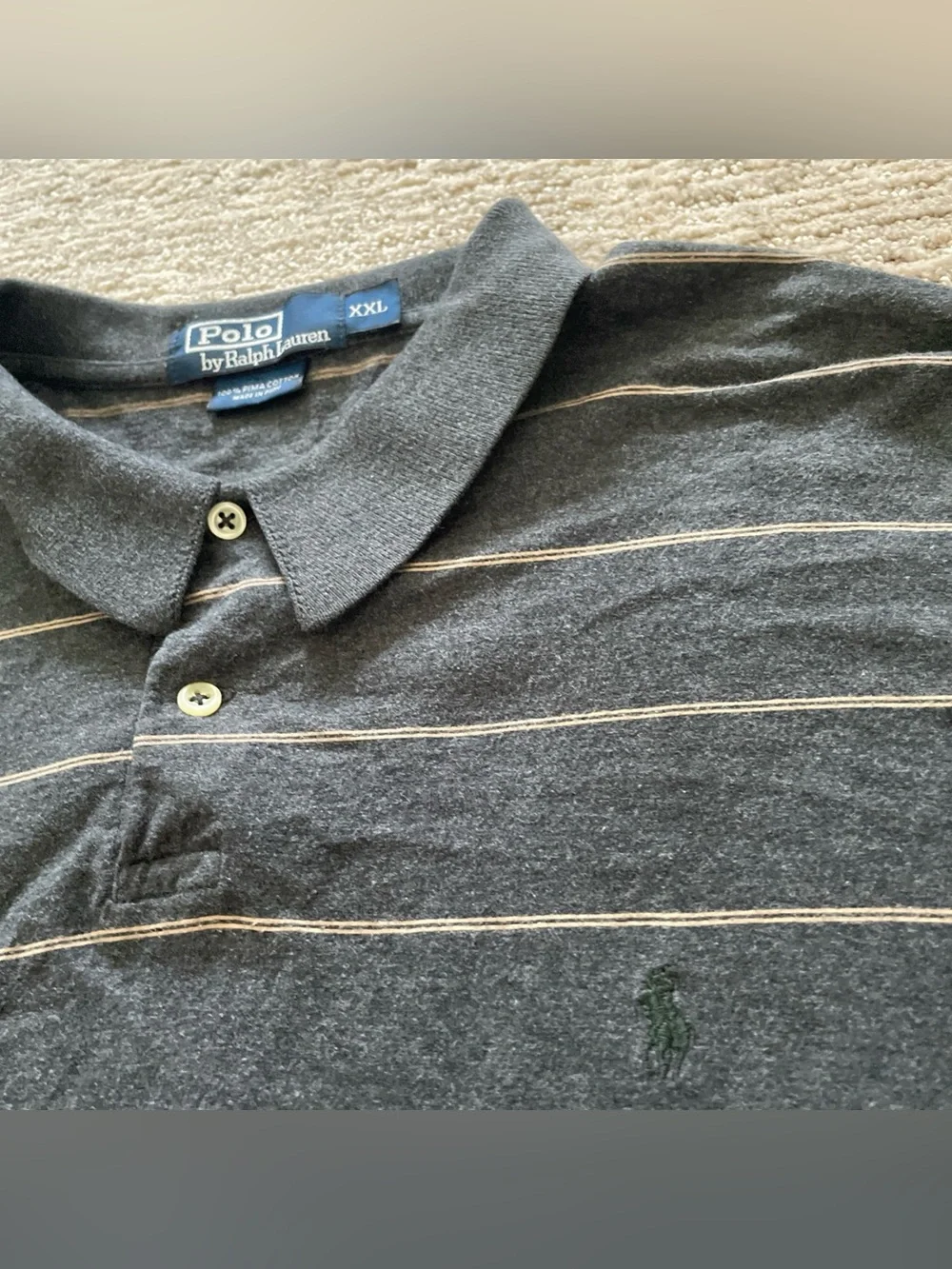 Vintage Polo Ralph Lauren Gray Striped Long Sleeve Polo XXL 100% Pima Cotton Y2K